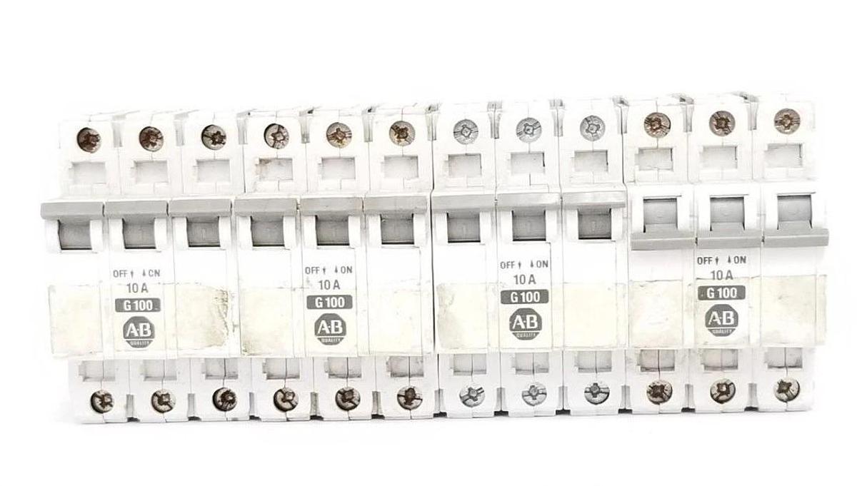 Used LOT OF 4 ALLEN BRADLEY 1492-CB-3-G-100 CIRCUIT BREAKERS SER. B, 10A, 3-POLE