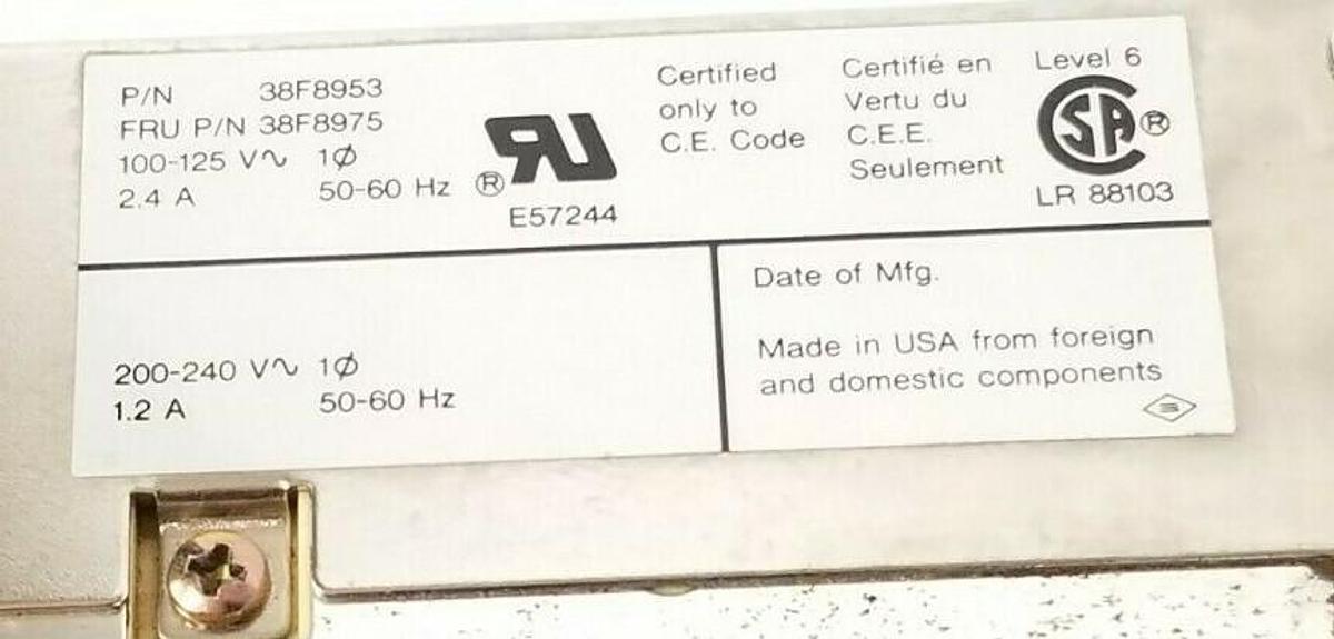 Used IBM / LENOVO P/N: 38F8953 POWER SUPPLY 100-240V 50-60HZ 1.2-2.4A FRU: 38F8975