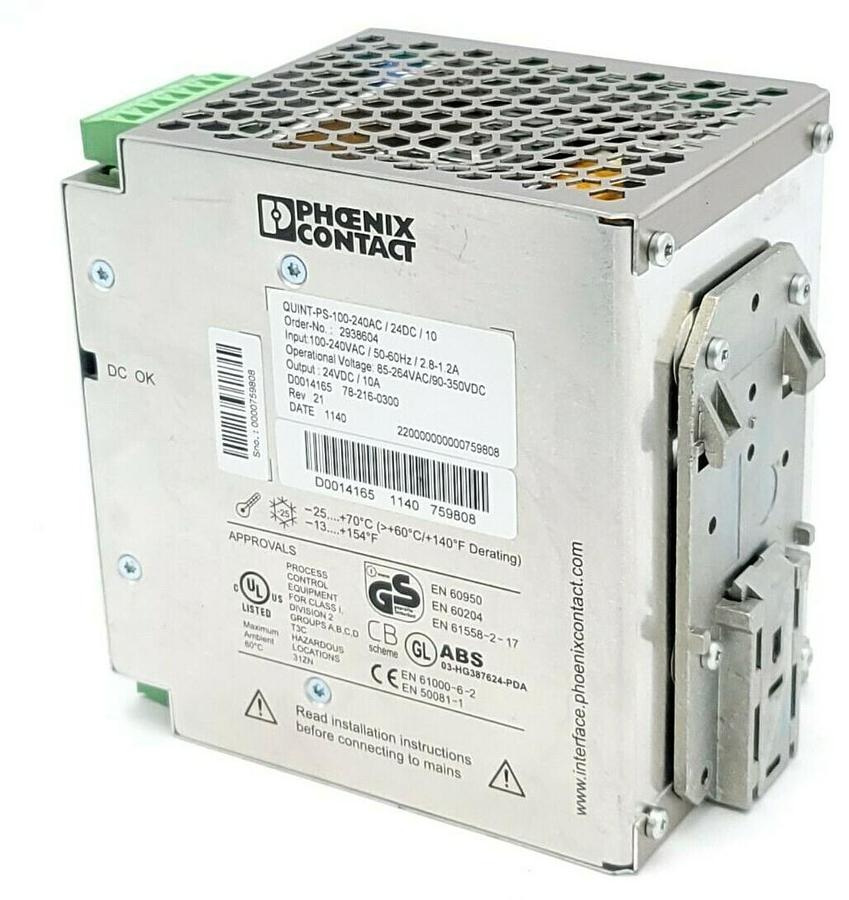 Used PHOENIX CONTACT QUINT-PS-100-240AC/24DC/10 POWER SUPPLY ORDER NO. 2938604