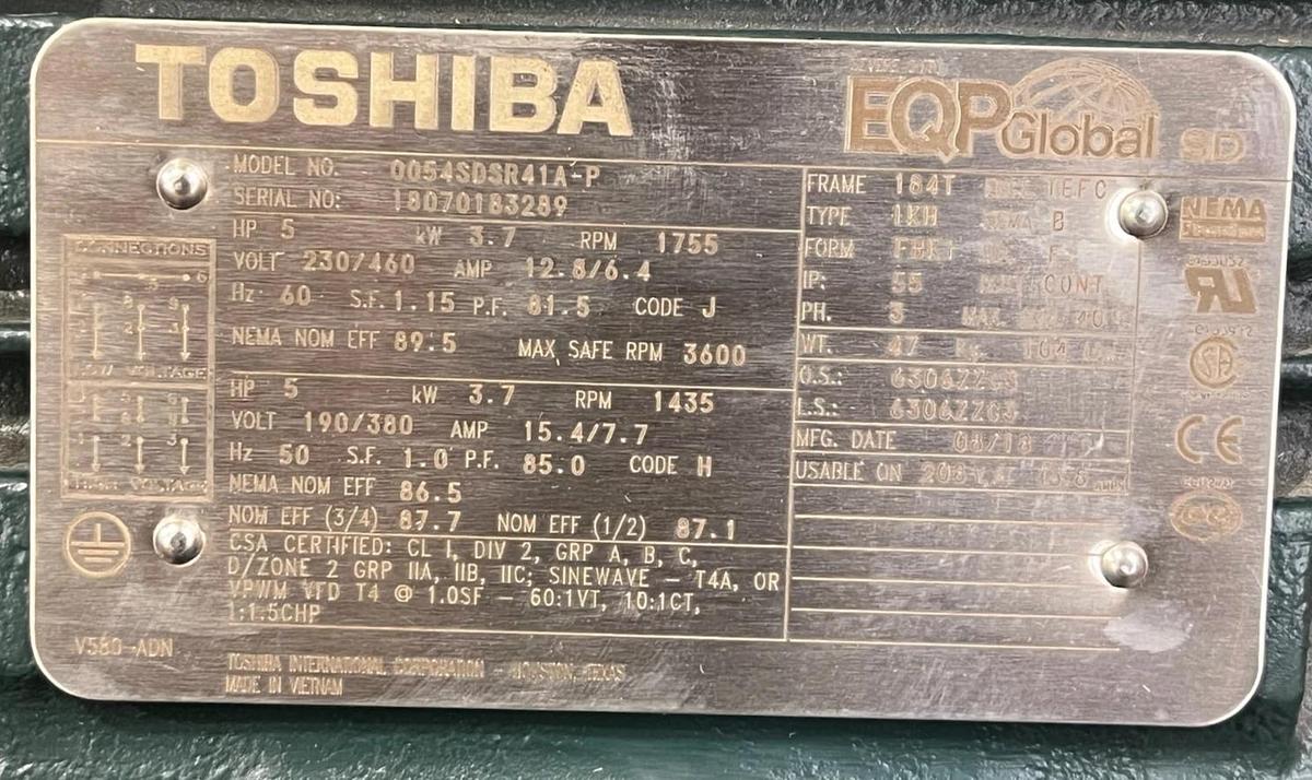 Toshiba 0054SDSR41A-P EQP Global SD Motor | 5 HP, 1800 RPM, 3PH, 184T, TEFC
