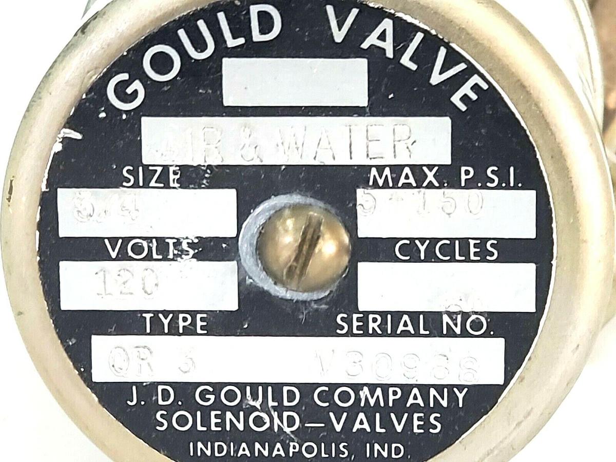 Used GOULD COMPANY QR-3 SOLENOID VALVE AIR/WATER 120V 5-150PSI 60CY SIZE: 3/4''