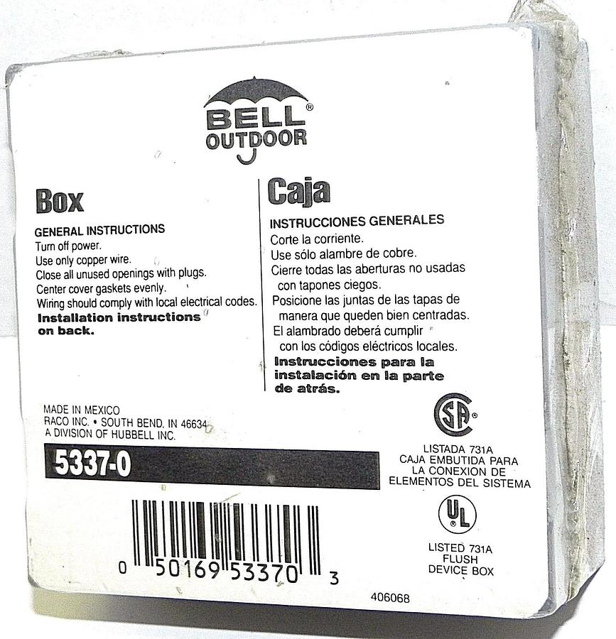Used NEW BELL OUTDOOR 5337-0 HUBBELL ELECTRIC BOX 4-1/4'' BY 4-1/2''