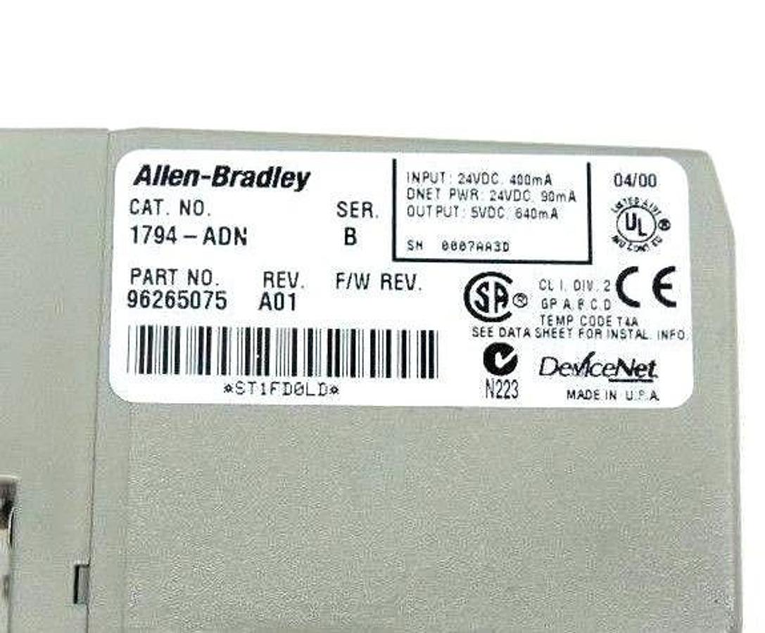 Used ALLEN BRADLEY 1794-ADN DEVICENET FLEX I/O 1794ADN, SER. B, REV. A01, 24 VDC