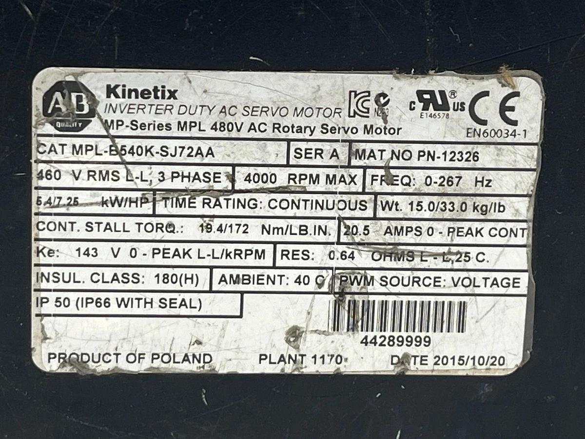 Used Allen Bradley MPL-B540K-SJ72AA Servo Motor | 5.4kW | 4000 RPM | 165mm Frame