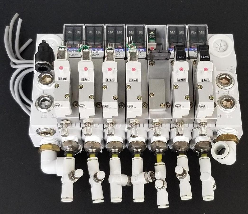 Used KOGANEI PBM7P-3W SOLENOID VALVE BLOCK, GA110E1-PSL-1L-7W, PB24C-38W, PB24C-39W
