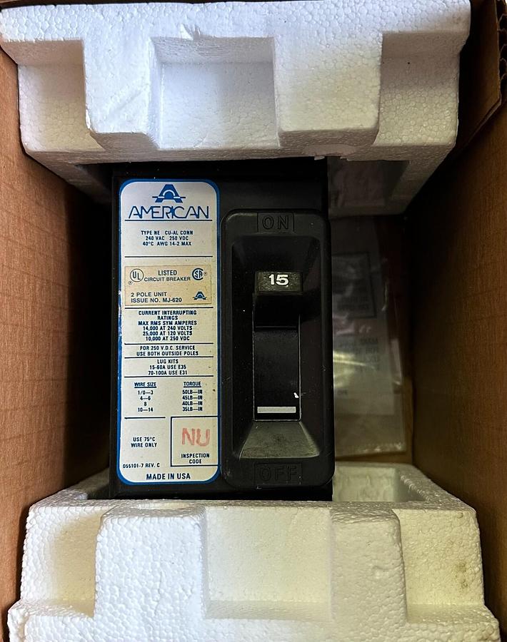 Used NEW AMERICAN CIRCUIT BREAKER CORP NE224015 CIRCUIT BREAKER 15A 2-POLE 50/60Hz