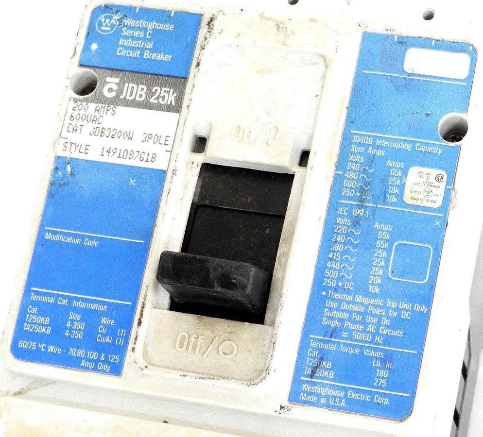 Used WESTINGHOUSE JDB3200W SER. C CIRCUIT BREAKER 3 POLE 600V 200A STYLE 1491087G18