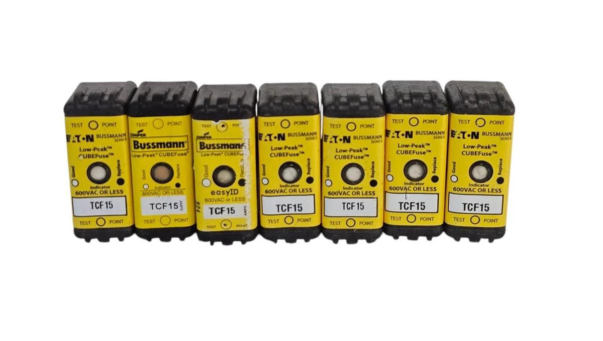 Used LOT OF 7 EATON TCF15 BUSSMANN SERIES LOW-PEAK CUBEFuse 600VAC/300VDC 15A