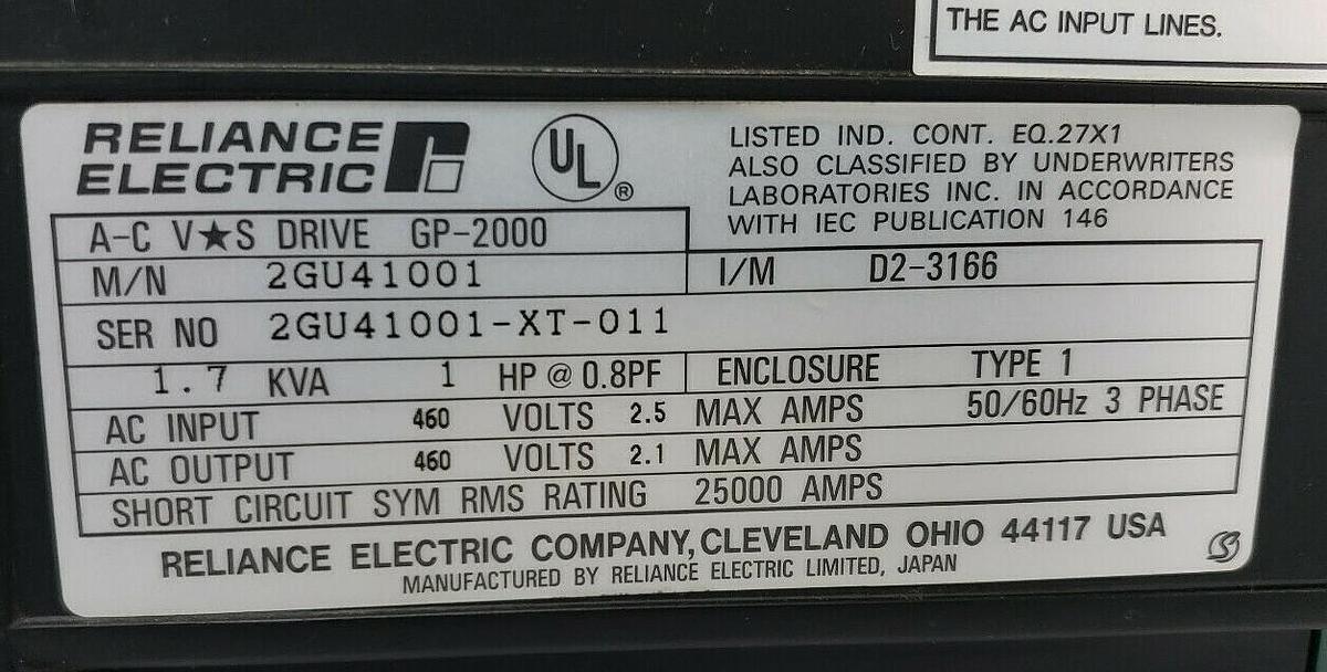 Used RELIANCE ELECTRIC 2GU41001 GP-2000 AC VS DRIVE, 1.7KVA, 1HP, 3 PHASE