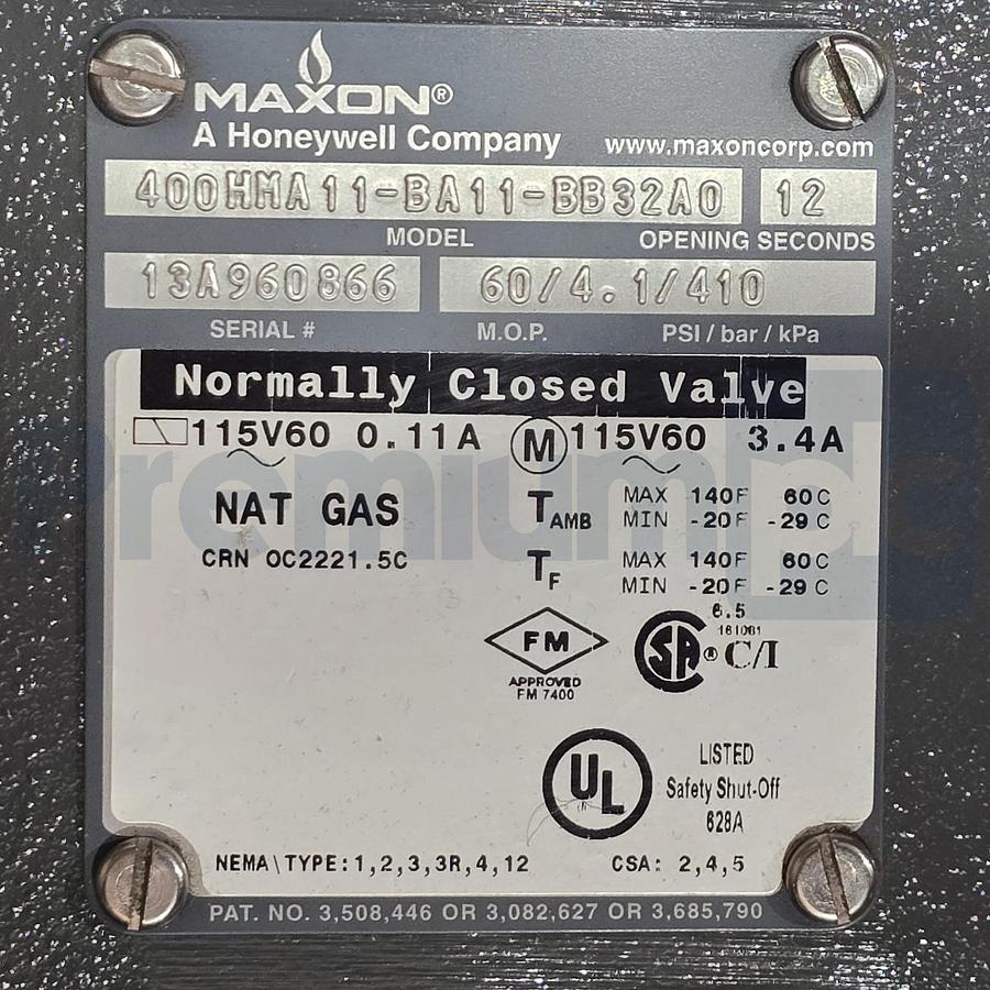Used Honeywell Maxon 400HMA11-BA11-BB32A0 4" FLG N/C Nat Gas Safety Shut-Off Valve