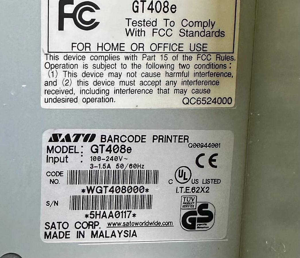Refurbished REPAIRED SATO GT408e THERMAL BARCODE PRINTER WGT408000 100-240V 50/60Hz