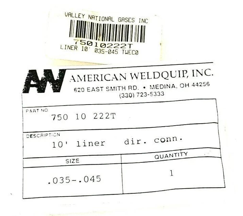 NEW AMERICAN WELDQUIP 750-10-222T 10' DIRECT CONNECT LINER .035-.045 75010222T