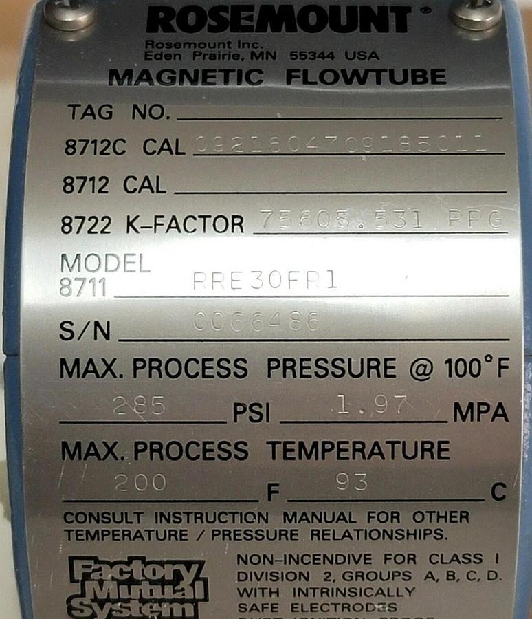 Used NIB ROSEMOUNT 8711RRE30FR1 MAGNETIC FLOWTUBE 285PSI 1.97MPA, 8711-3005-0001