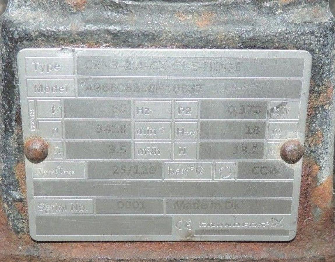 Used GRUNDFOS TYPE: CRN3-2A-CX-GI-E-HQQE STAINLESS PUMP MODEL: A96608308P10637