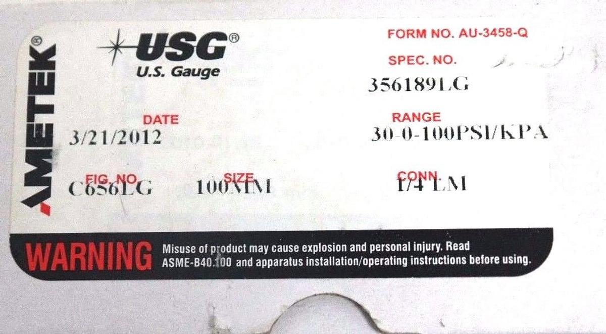 NIB AMETEK SPEC. NO. 356189LG GAUGE FIG. NO. C656LG, CONN. 1/4 LM, SIZE: 100MM