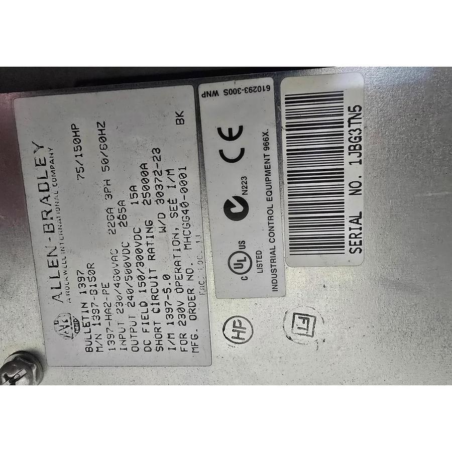 Used ALLEN BRADLEY 1397-B150R DC DRIVE 75/150HP IN:230/460VAC OUT:240/500VDC USPI
