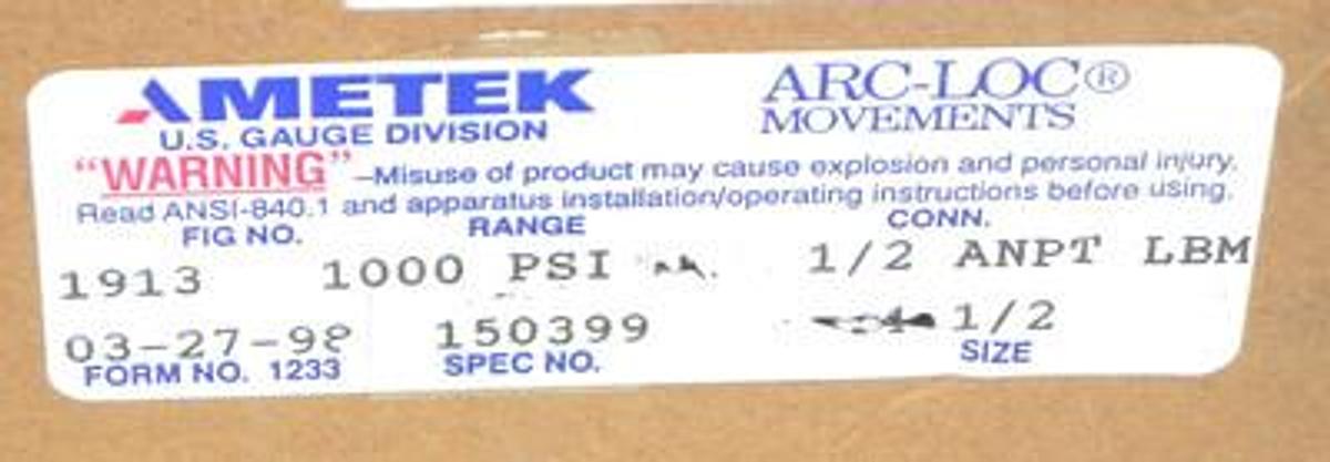 NEW IN BOX AMETEK GAUGE FORM NO. 03-27-98 SPEC NO. 150399 FIG NO. 1913