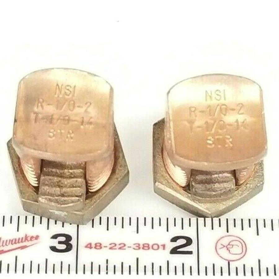 Used LOT OF 2 NSI R-1/0-2 COPPER BOLT CONNECTORS T-1/0-14 STR