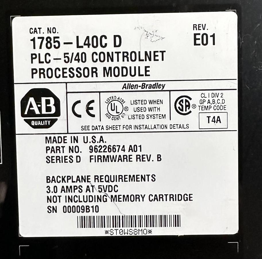 Used ALLEN BRADLEY 1785-L40C /D PLC-5/40 ControlNet PROCESSOR MODULE F/W. B 1785L40C