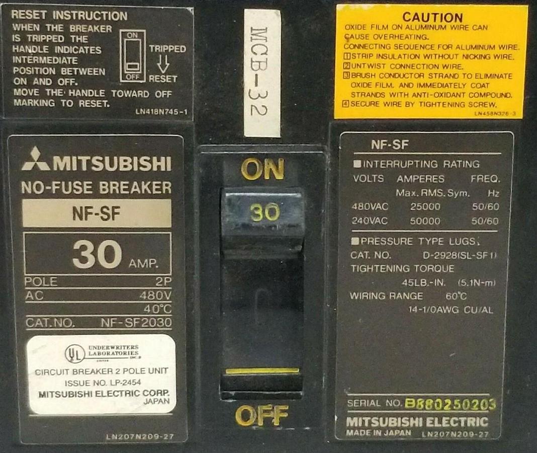 Used MITSUBISHI NF-SF2030 30 AMP CIRCUIT BREAKER NF-SF ISSUE NO. LX-1206