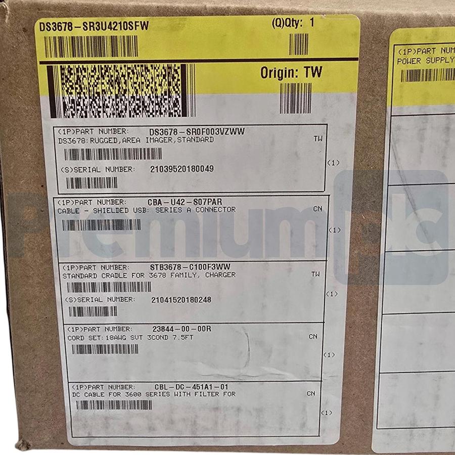 Used Zebra DS3678-SR3U4210SFW DS3678-SR Barcode Scanner USB Kit w/Cradle, Cables, PSU