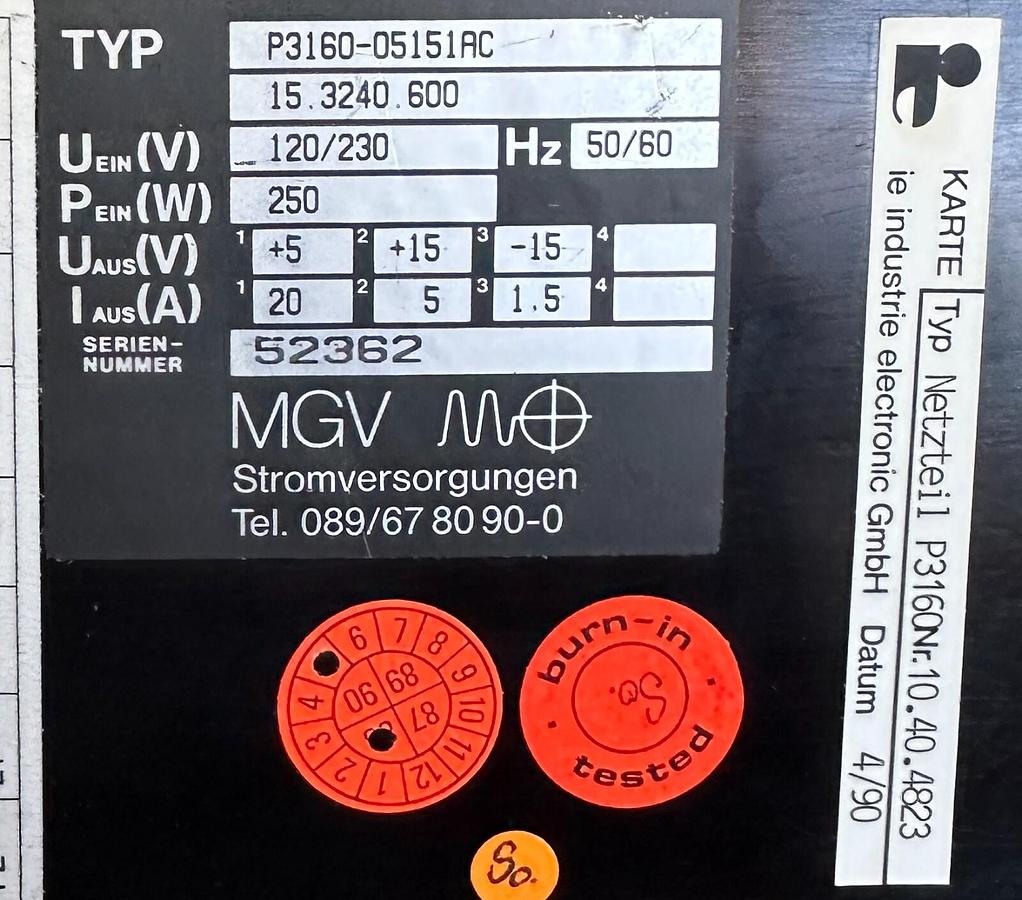 Used NEW MGV MO P3160-05151AC / P316005151AC POWER SUPPLY 120/230V 250W 15.3240.600