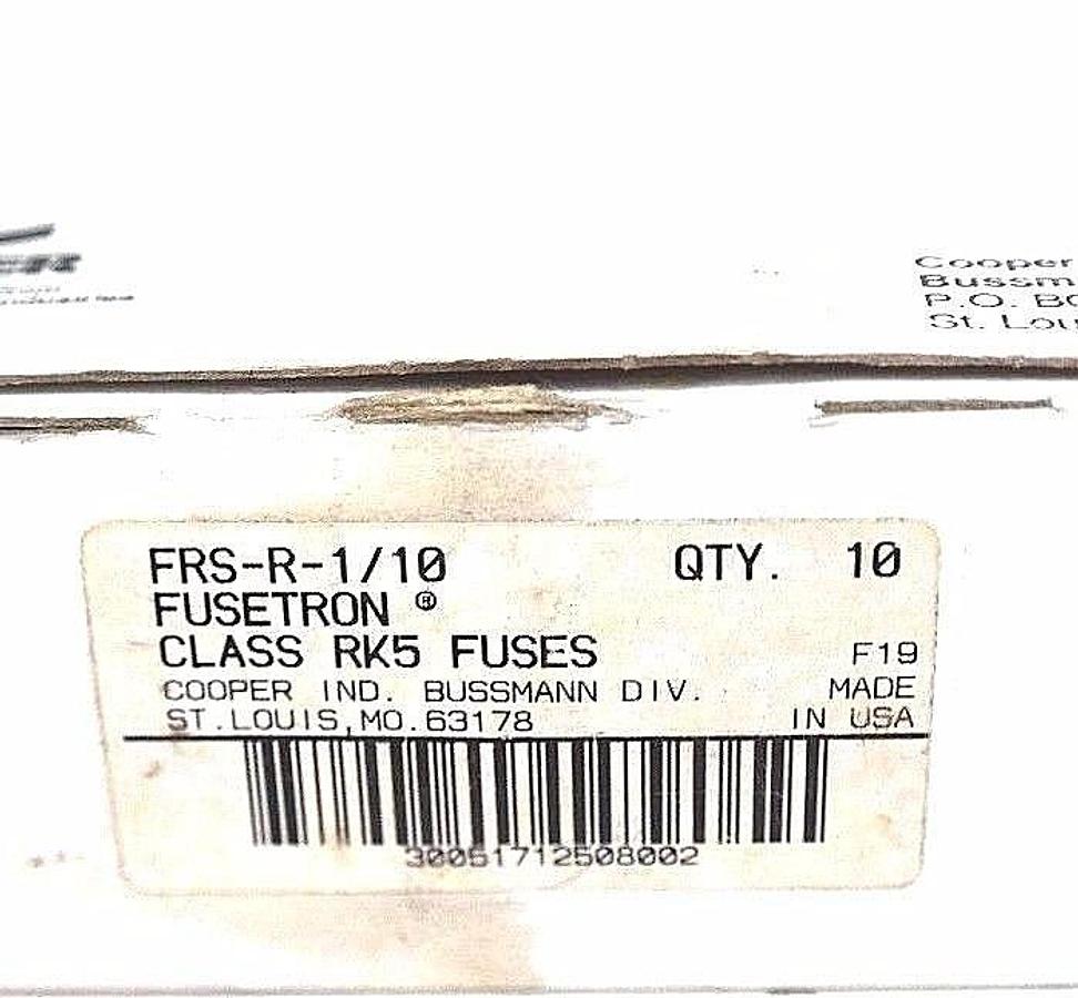 Used NIB COOPER BUSSMANN FRS-R-1/10 FUSETRON CLASS RK5 FUSES FRSR110, 600V (BOX OF 9)