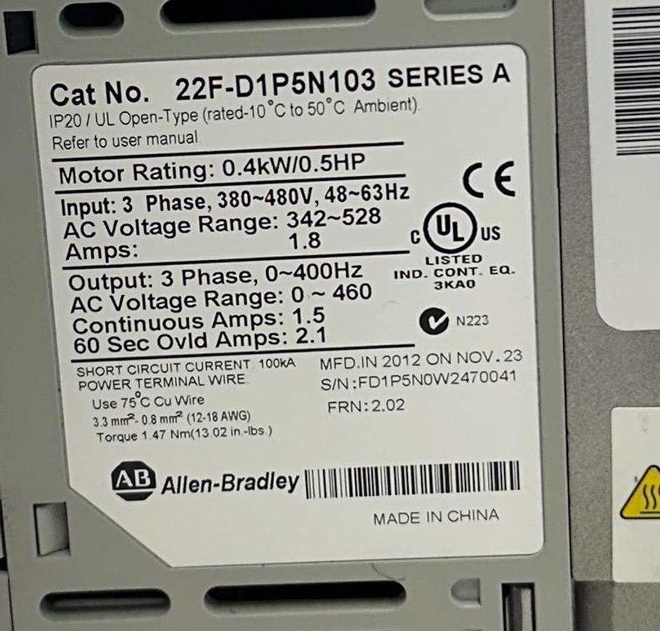 Used ALLEN BRADLEY 22F-D1P5N103 /A PowerFlex 4M AC DRIVE 0.4kW/0.5HP 380-480V USNP