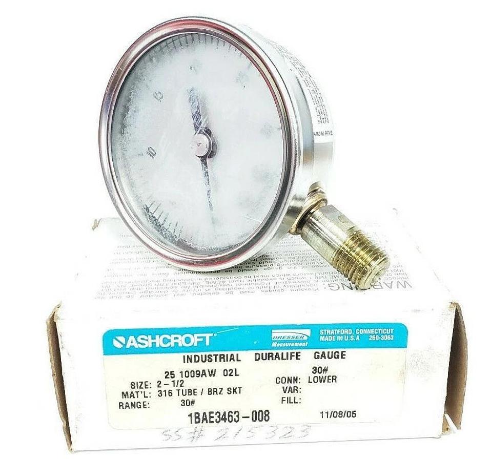 Used ASHCROFT 25-1009AW-02L PRESSURE GAUGE 2-1/2" 0-30PSI 30# 1BAE3463-008 238A460-01