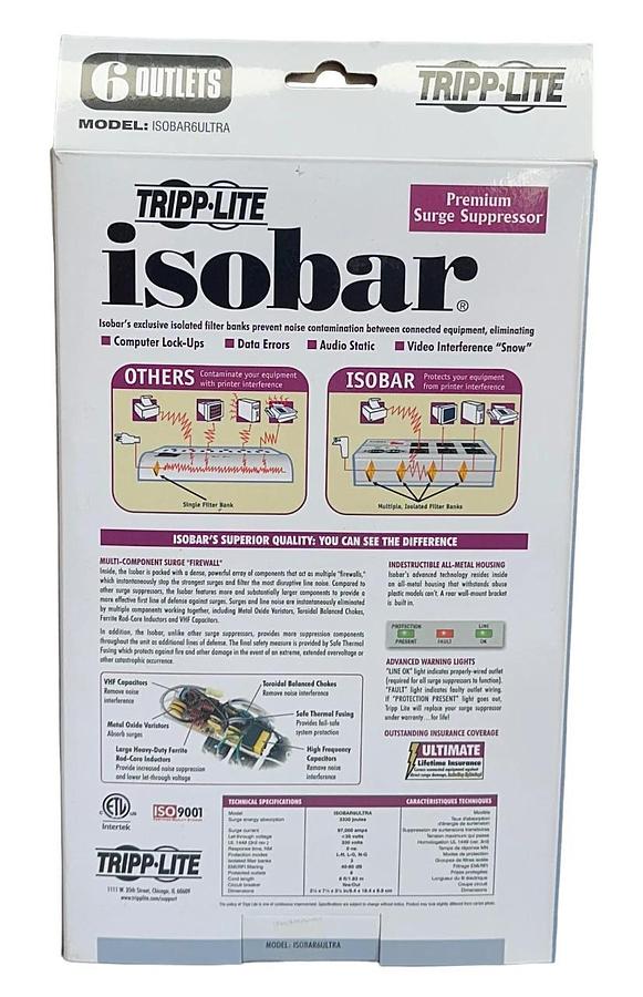 TRIPP-LITE ISOBAR6ULTRA PREMIUM SURGE PROTECTOR 6 AC OUTLETS 3330 JOULES NSMP