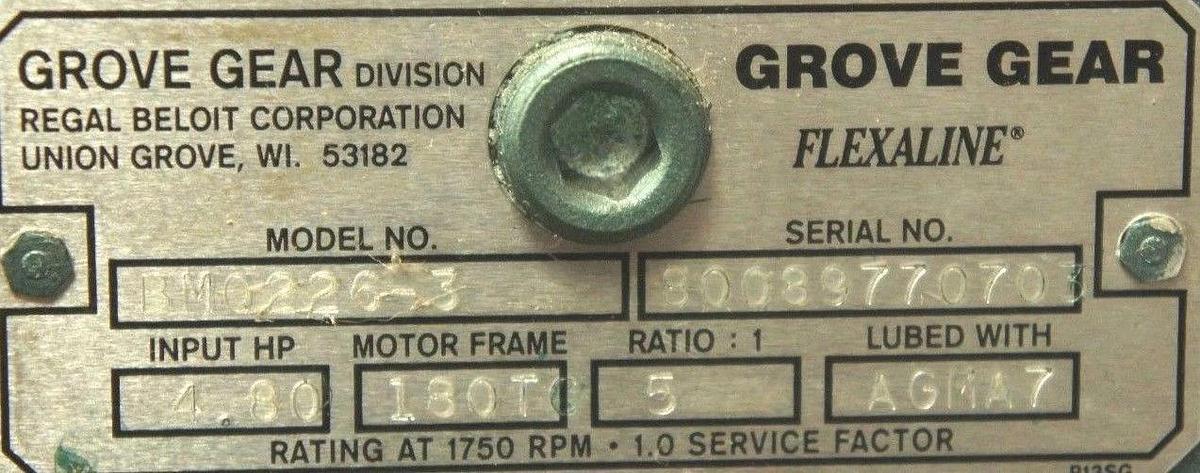 Used GROVE GEAR BM0226-3 WORM GEAR REDUCER 5:1 RATIO 4.80 INPUT HP 180T MOTOR FRAME