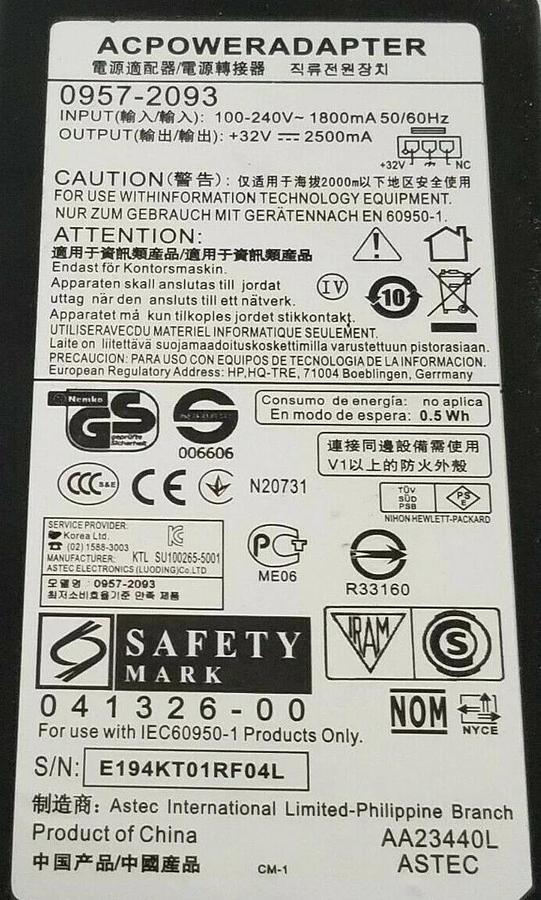Used SAFETY MARK 0957-2093 POWER SUPPLY 09572093, 100-240V~1800mA 50/60HZ