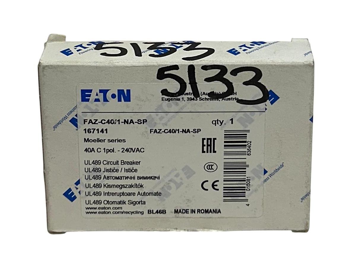 Used EATON FAZ-C40/1-NA-SP / 167141 MOELLER SERIES CIRCUIT BREAKER 40A 1P 240VAC NSMP