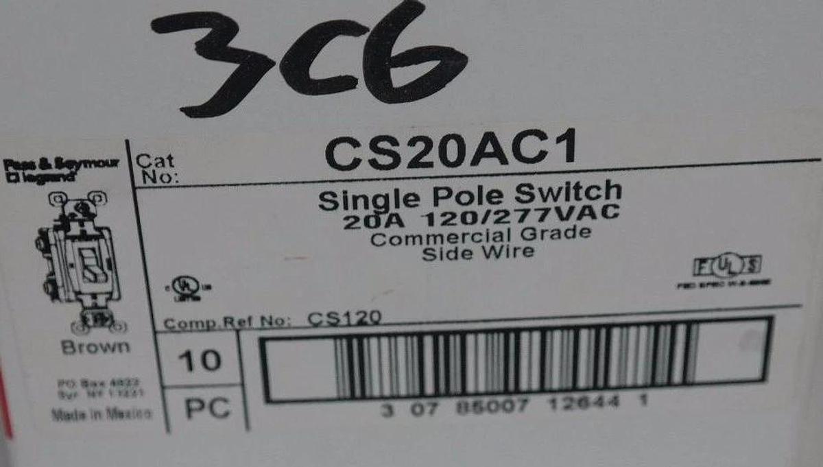 Used BOX OF 10 NEW PASS & SEYMOUR CS20AC1 SINGLE POLE SWITCHES 20A 120/277VAC
