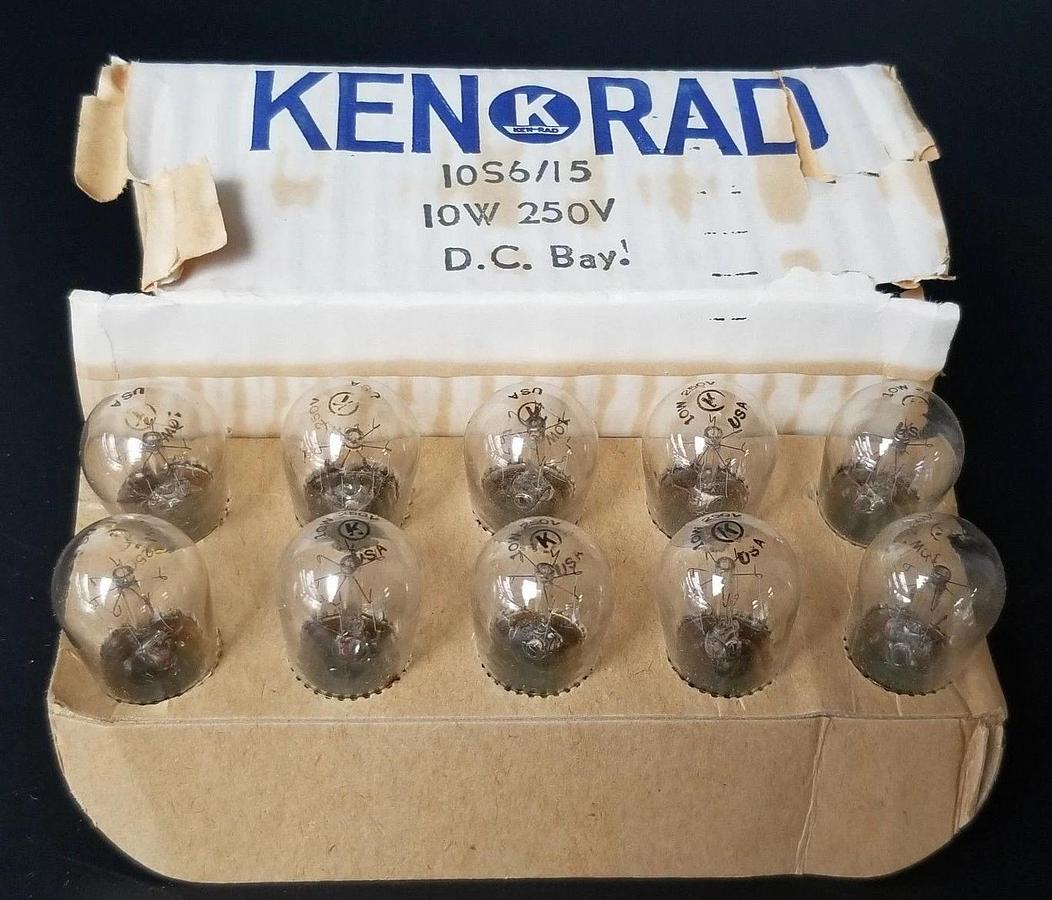 Used LOT OF 10 NEW KEN-RAD 10S6 DC BAYONET BASE BULBS, 10W, 250V, 10S6/15