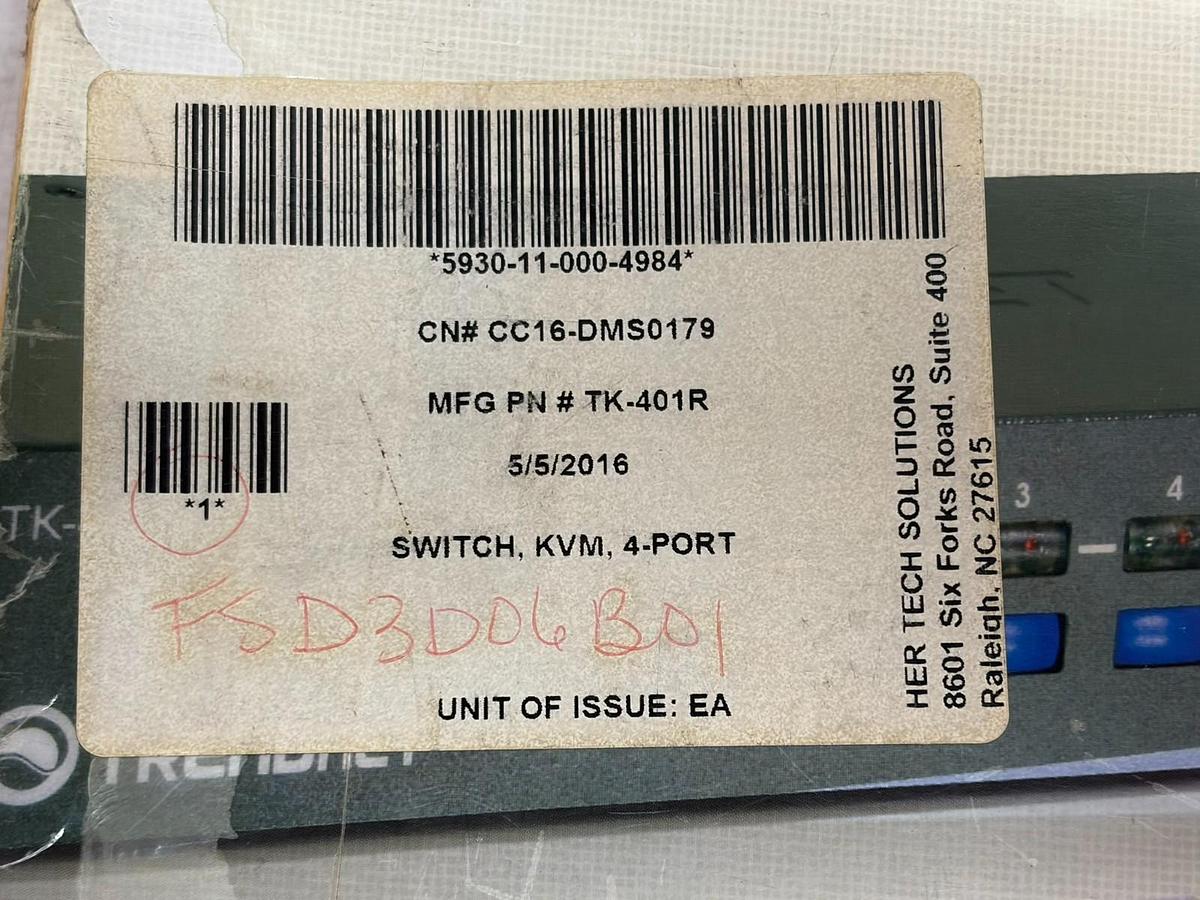 Used TRENDnet TK-401R 4-Port Rack Mount KVM Switch New Open Box with Rack Ears Manual