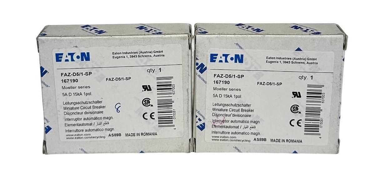 2 EATON FAZ-D5/1-SP / 167190 MOELLER SERIES CIRCUIT BREAKERS 5A 15kA 1-POLE NSMP