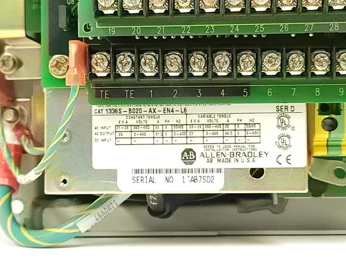 Used ALLEN BRADLEY 1336S-B020-AX-EN4-L6 SER. D 20HP AC DRIVE 1336SB020AXEN4L6