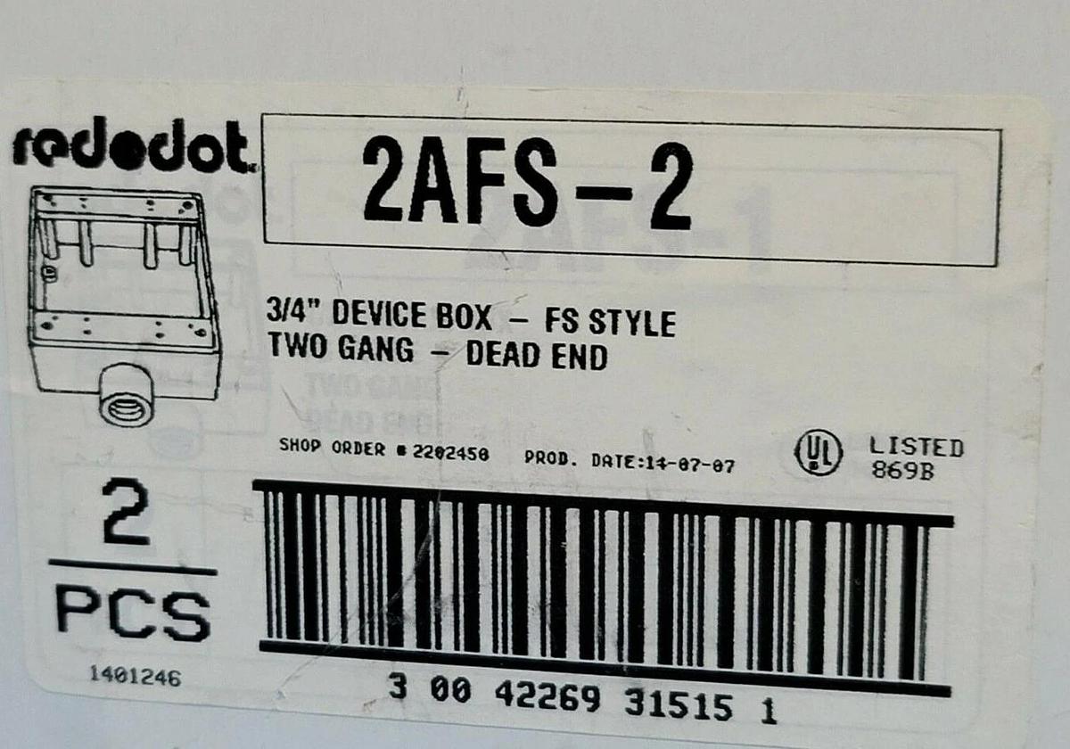 Used NIB ABB RED DOT 2AFS-2 DEVICE BOX 3/4'' FS STYLE TWO GANG DEAD END