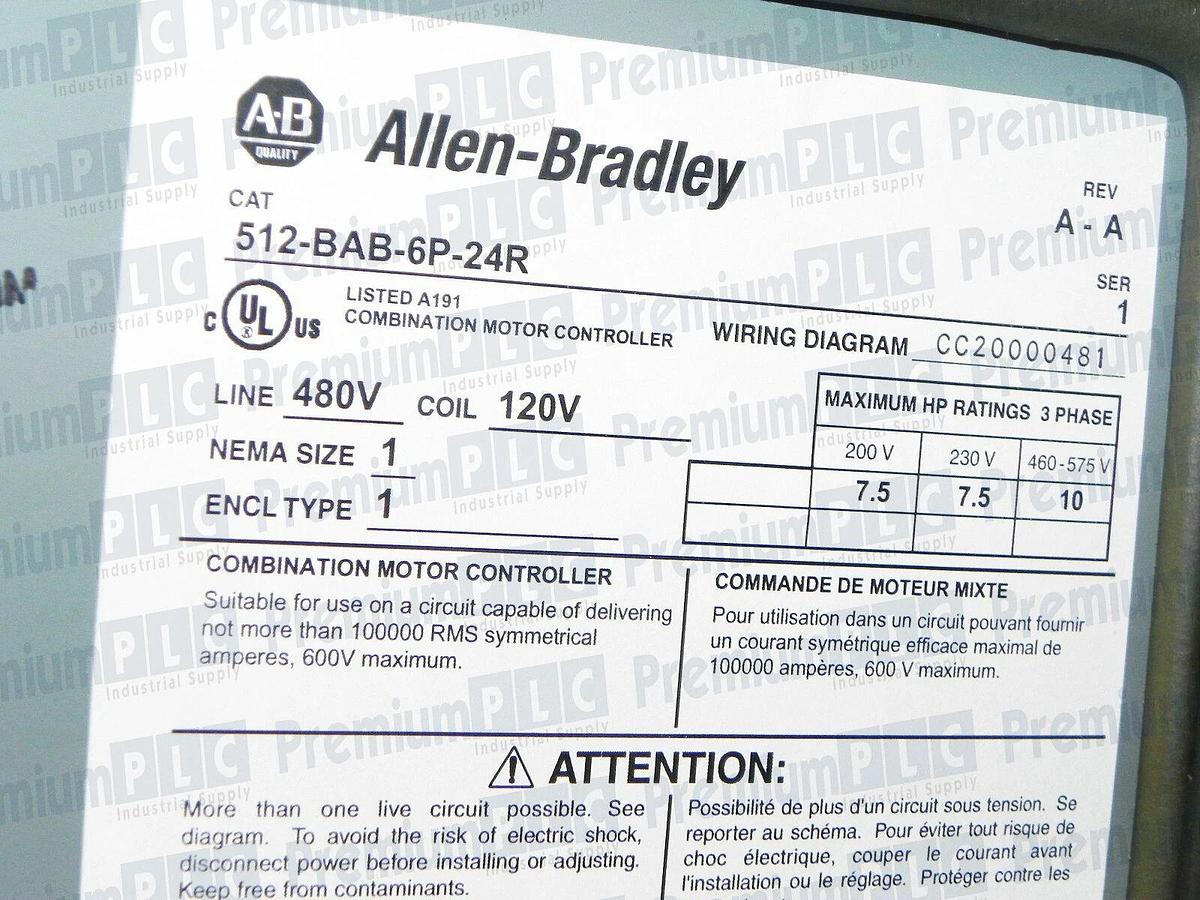 ALLEN BRADLEY 512-BAB-6P-24R COMBINATION STARTER DISCONNECT 512BAB6P24R NEW