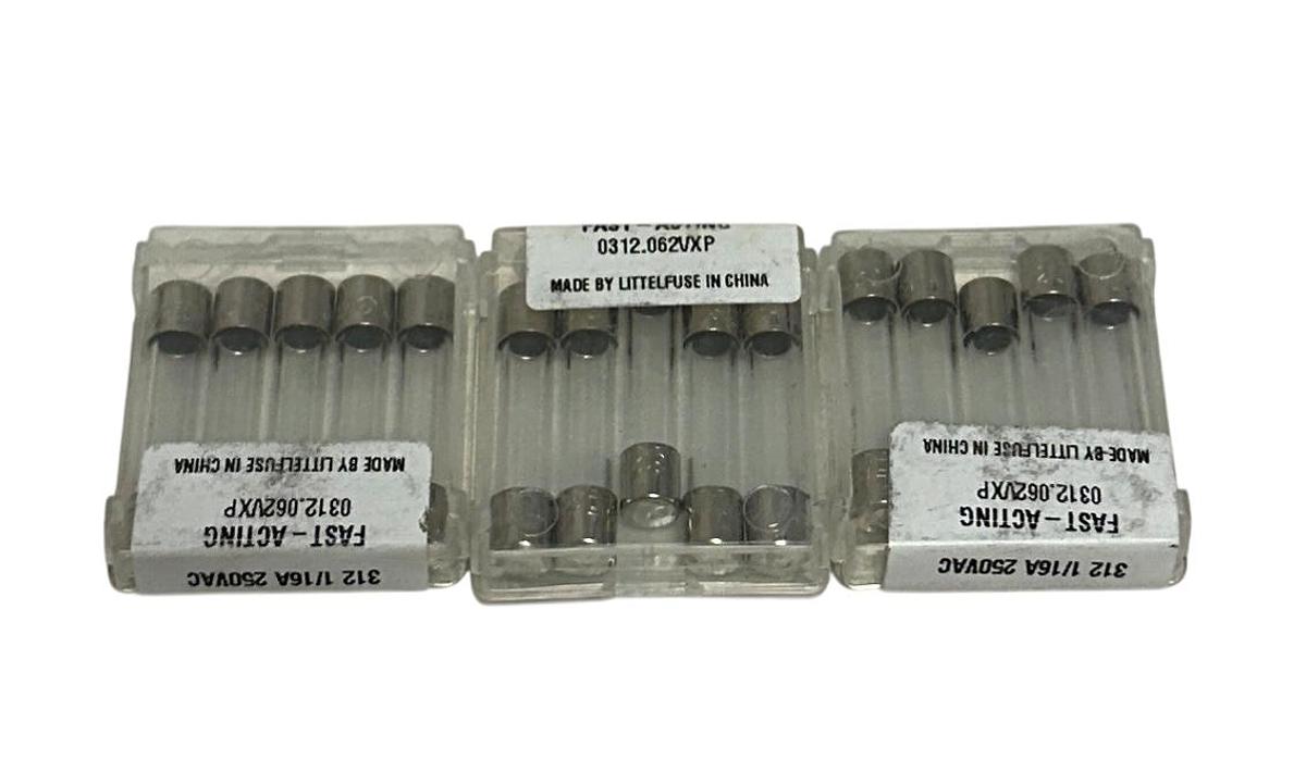 Used 15 LITTELFUSE 312.062P / 312.062VXP GLASS FUSES 312 1/16A 250VAC OEM NSMP