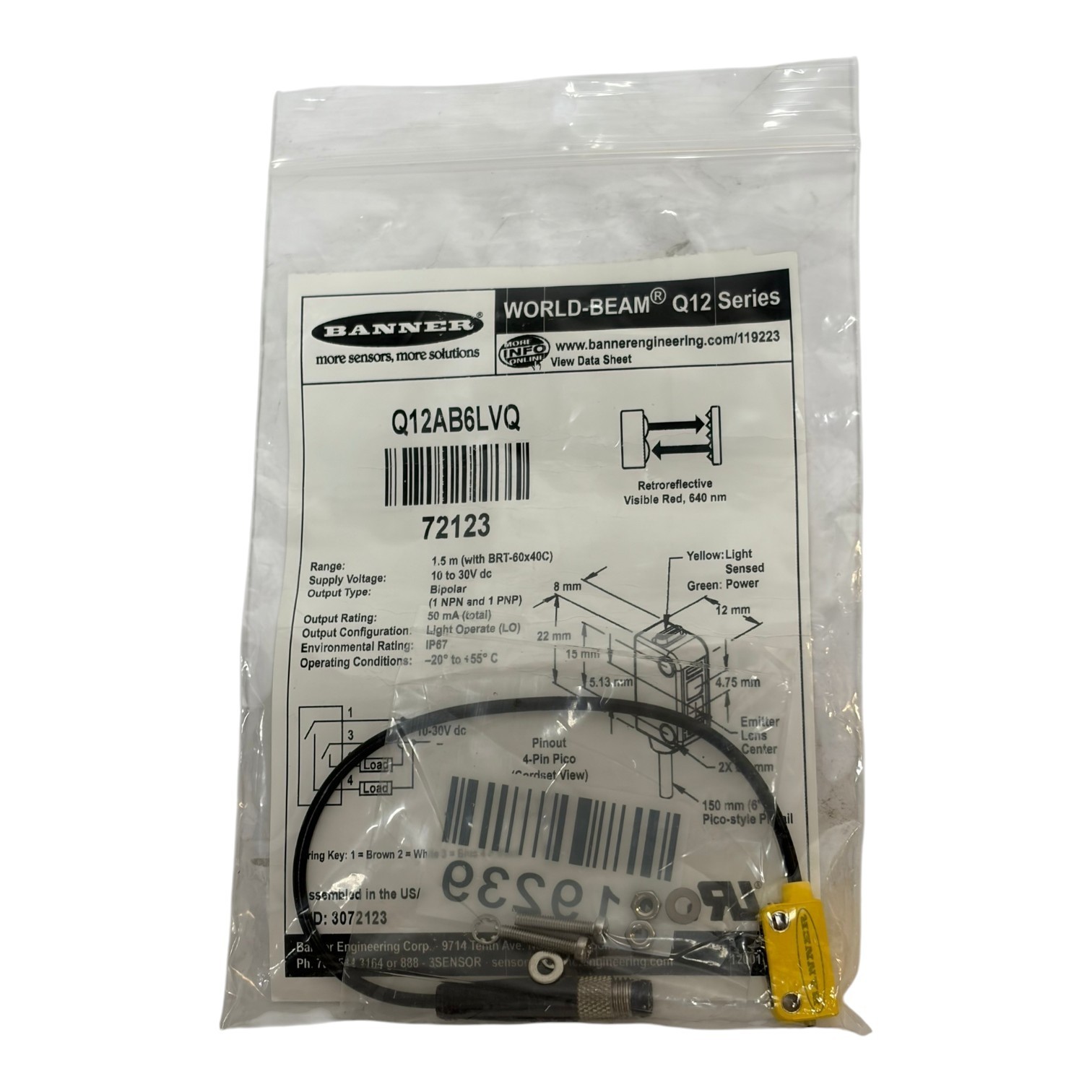Used Banner Engineering Q12AB6LVQ World-Beam Photoelectric Sensor 72123 NEW