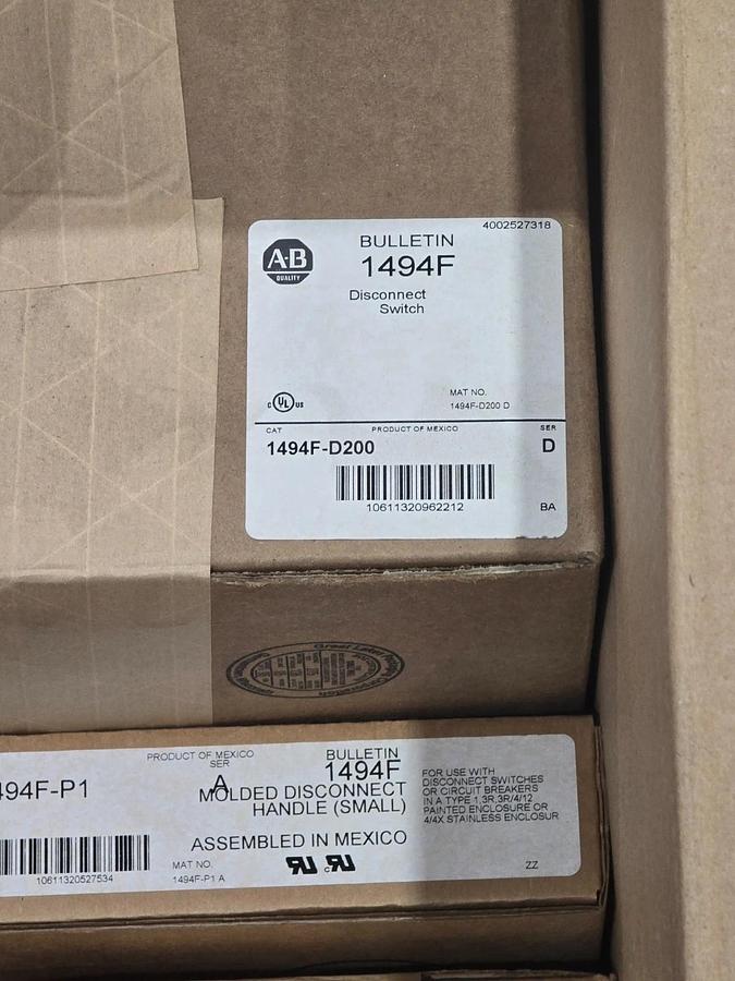 Allen Bradley 1494C-DJ622-A4-D-E-F Fusible Disconnect Kit 600V 200A 1494F-D200