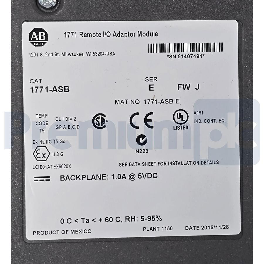Used ALLEN BRADLEY 1771-ASB /E PLC-5 REMOTE I/0 ADAPTER MODULE 1771ASB F/W REV J NSNP