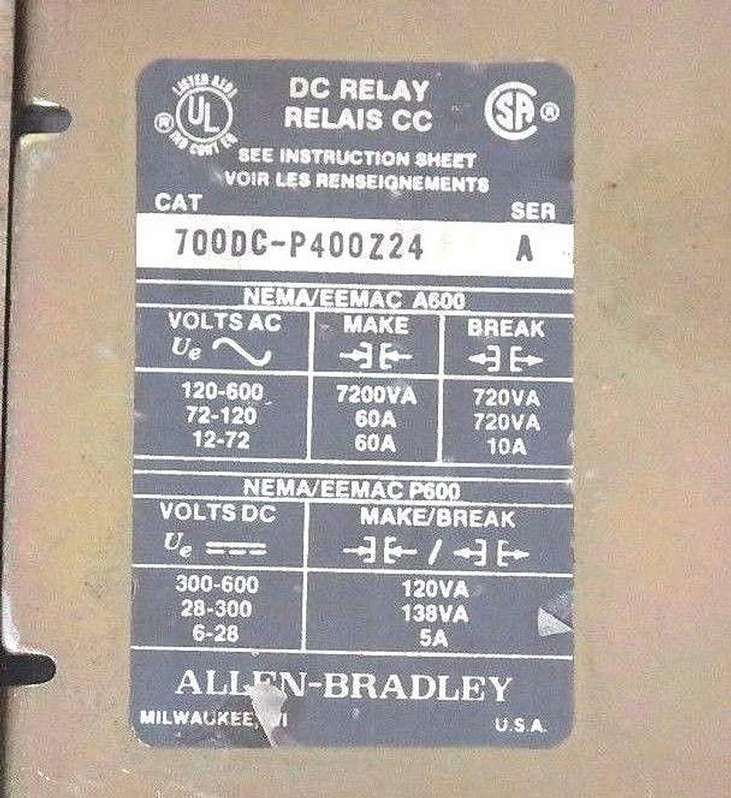 Used ALLEN BRADLEY 700DC-P400Z24 DC RELAY SER. A, TYPE P, 24VDC, PD714 COIL