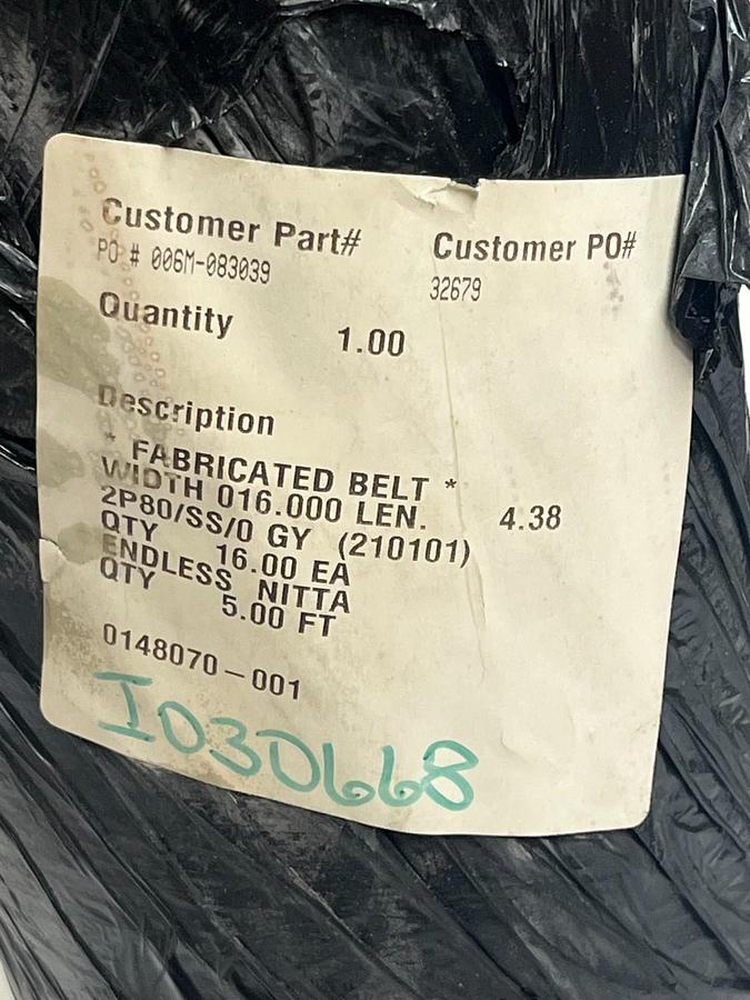Used Nitta 2P80/SS/0 GY Endless Fabricated Conveyor Belt 16" x 4.38' - NSMP