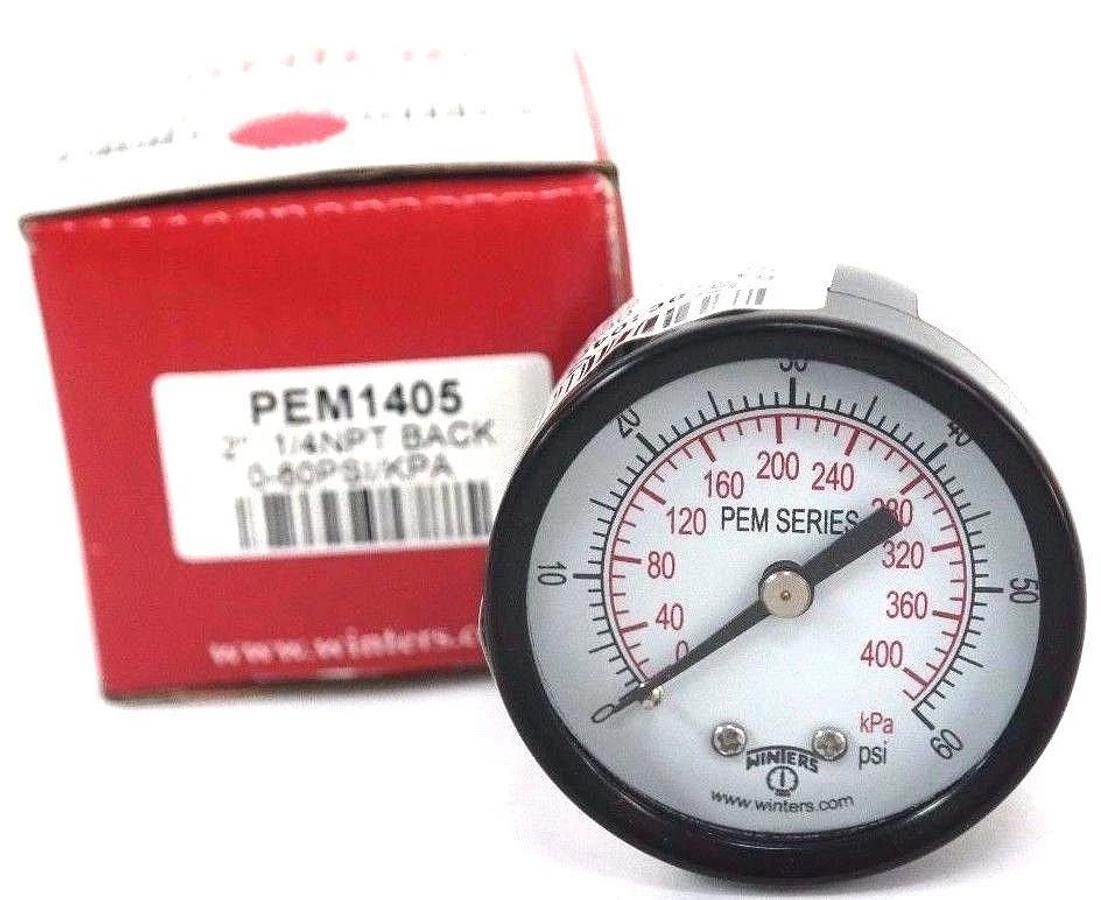 Used NIB WINTERS PEM1405 PRESSURE GAUGE 2'', 1/4NPT BACK, 0-60PSI/KPA