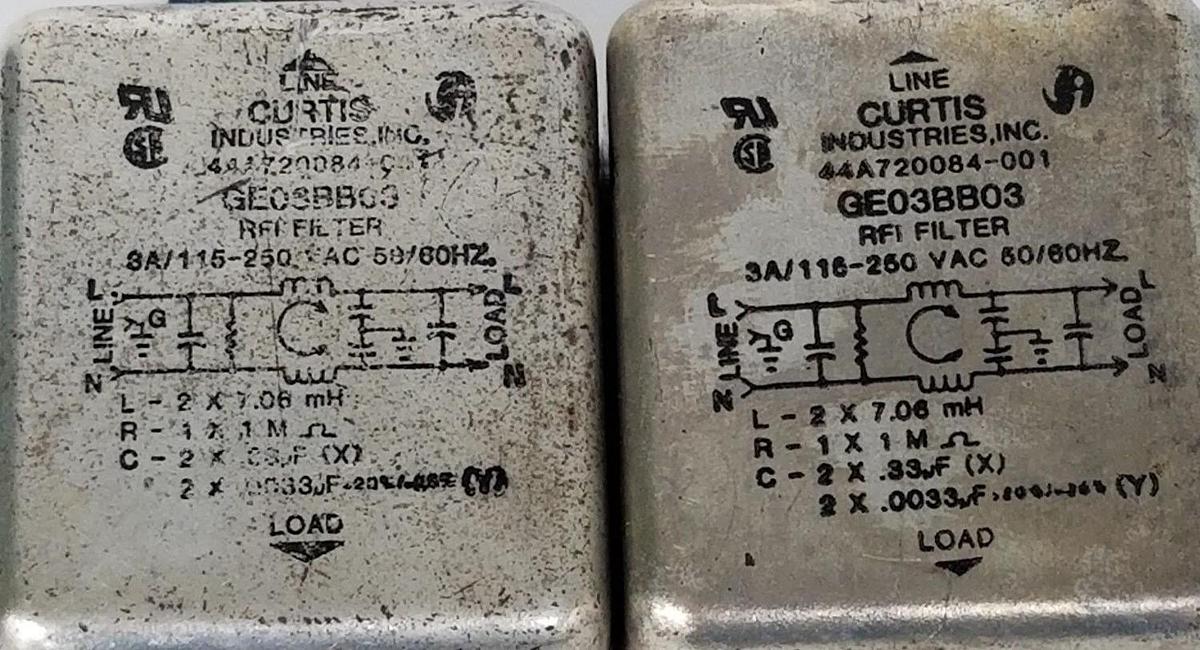 Used LOT OF 2 CURTIS INDUSTRIES GE03BB03 RFI FILTERS, 3A, 115-250VAC, 44A720084-001