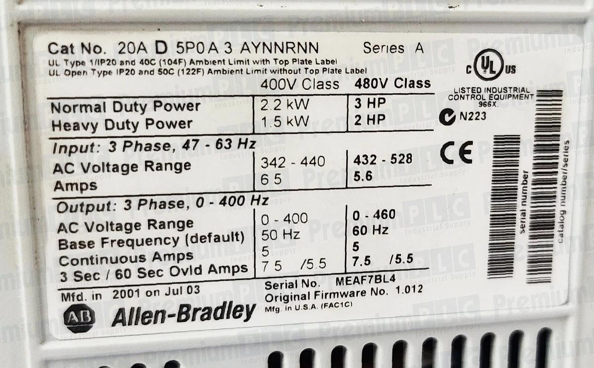 Refurbished REPAIRED ALLEN BRADLEY 20AD5P0A3AYNNRNN SER. A POWERFLEX 70 3 HP 480V FRN 1.012