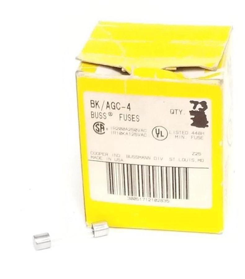 BOX OF 73 NEW COOPER BUSSMANN BK/AGC-4 BUSS FUSES 4AMP, 250VAC, BKAGC4